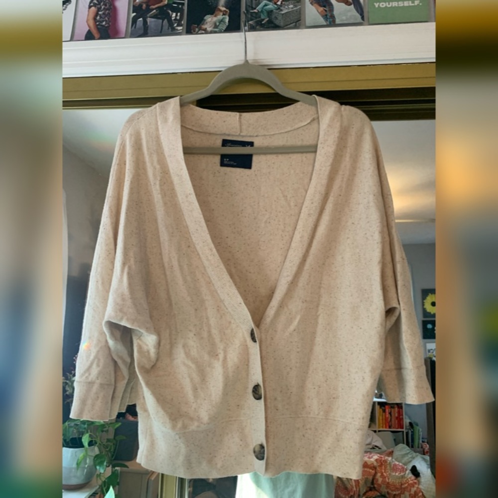 American eagle, tan, quarter sleeve cardigan, size small